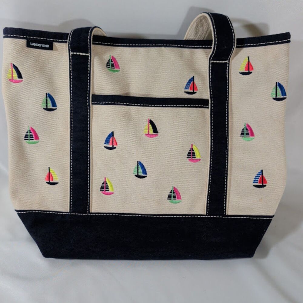 Lands' End Canvas Tote Bag Embroidered Sailboats Navy Boat Tote Medium